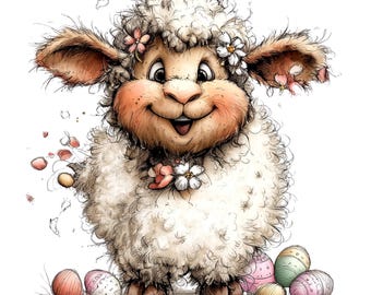 Whimsical Easter Sheep Clipart Set, 25 PNG, Watercolor Lambs, Spring Easter Graphics, Digital Download