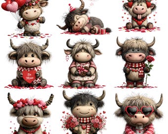 Paquete de imágenes prediseñadas de vacas de las Tierras Altas para San Valentín (26 PNG)/Diseños de sublimación de animales adorables, descarga digital para uso comercial en camisetas y tazas