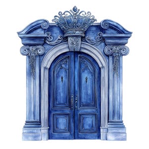 May include: A watercolour illustration of a double door entrance featuring a deep blue colour palette. The structure includes ornate architectural columns, a central crown motif at the top, and detailed paneling on the doors with metal handles.