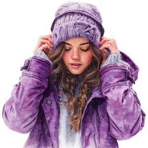 May include: A vibrant purple winter jacket with a hood and a matching chunky knit purple beanie. The jacket features a textured surface, long sleeves with cuffs, and a high collar. The ensemble is completed by a light gray sweater worn underneath.