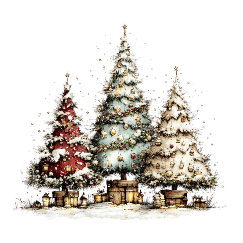 May include: Three Christmas trees in a row, one deep red, one light blue, and one white, all dusted with snow and decorated with gold ornaments and stars. Each tree stands in a wooden crate base, surrounded by small wrapped gift boxes on the ground.
