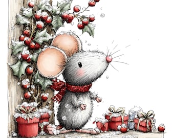 Whimsical Mouse Christmas Clipart, 66 Cute Holiday Mice PNG Set, Watercolor Winter Animal Graphics, Festive Scrapbook Digital Download