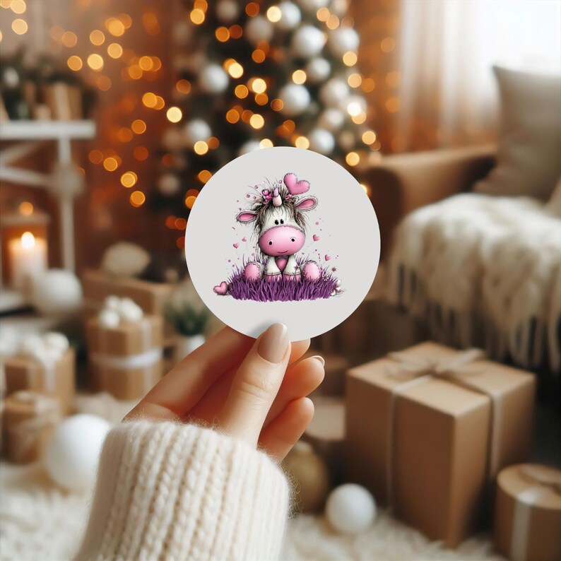Puede incluir: Un posavasos redondo con un dise&ntilde;o de unicornio de dibujos animados. El unicornio tiene un cuerpo blanco, una cara rosa y detalles en forma de coraz&oacute;n. Est&aacute; sentado en hierba morada, con corazones alrededor. El fondo est&aacute; borroso, con decoraciones navide&ntilde;as.