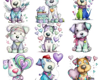 Cute Puppy Art Print - Pastel Hearts & Balloons - Nursery Wall Decor - Valentine's Day Gift - Dog Lover Illustrated Art