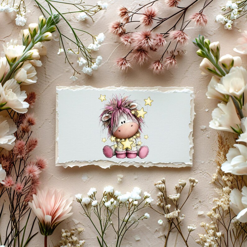 Puede incluir: Una ilustraci&oacute;n caprichosa de un poni de dibujos animados con pelo rosa y blanco, sosteniendo una estrella, rodeado de estrellas doradas. El poni lleva un atuendo blanco con detalles en rosa. La imagen est&aacute; sobre papel blanco texturizado, enmarcada por flores.