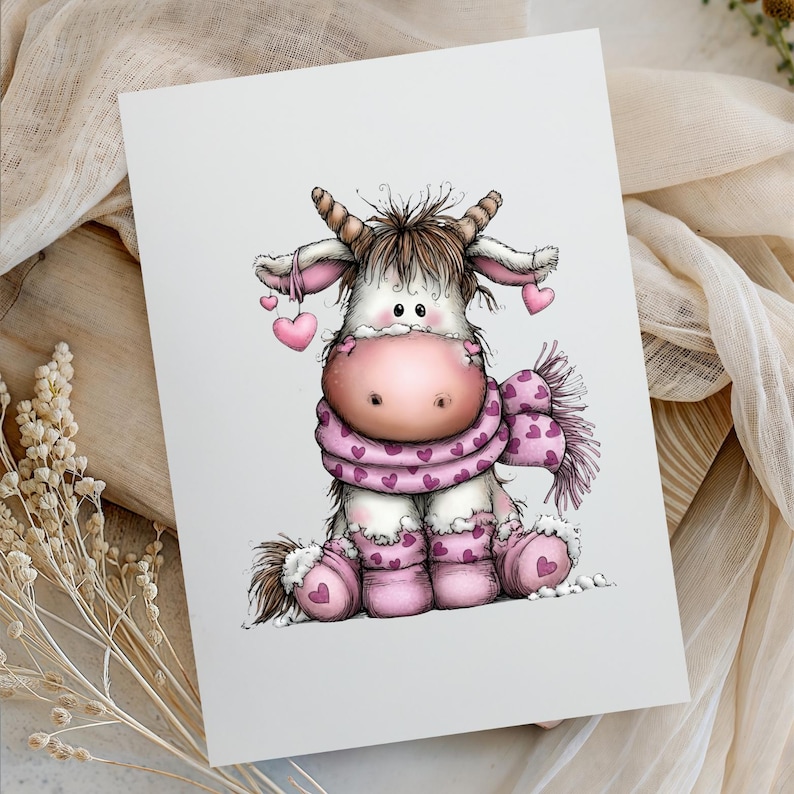 Puede incluir: Ilustraci&oacute;n caprichosa de una vaca sentada con una nariz rosa, bufanda y calentadores de piernas, todos adornados con patrones de corazones. La vaca tiene pelo casta&ntilde;o y peque&ntilde;os cuernos. Pendientes rosas en forma de coraz&oacute;n cuelgan de sus orejas.