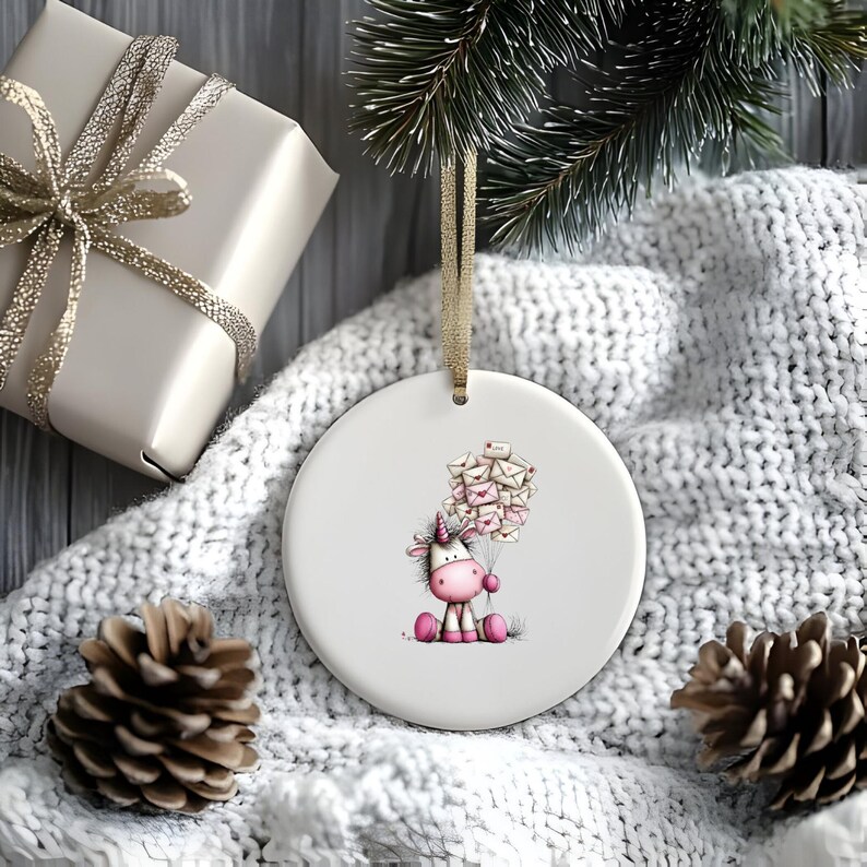 Puede incluir: Adorno navide&ntilde;o de cer&aacute;mica blanca con un dise&ntilde;o de unicornio caprichoso. El unicornio, con colores rosa y blanco, sostiene un mont&oacute;n de globos con forma de carta. El adorno tiene una cinta dorada para colgar, y est&aacute; rodeado por una caja de regalo, pi&ntilde;as y una manta blanca.