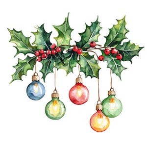 May include: A watercolor illustration of a holly branch with green leaves and red berries. Five round, glowing light bulbs in blue, green, red, and yellow hang from the branch by thin brown strings, creating a festive, illuminated display.