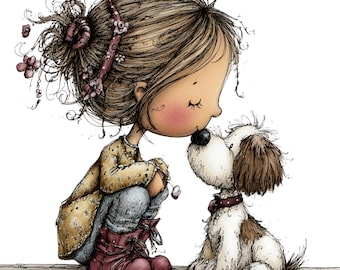 94 Whimsical Girl and Dog PNG Clipart | Cute Puppy Love Watercolor |Girl and Pet Best Friends Illustrations | Nursery Decor Digital Download