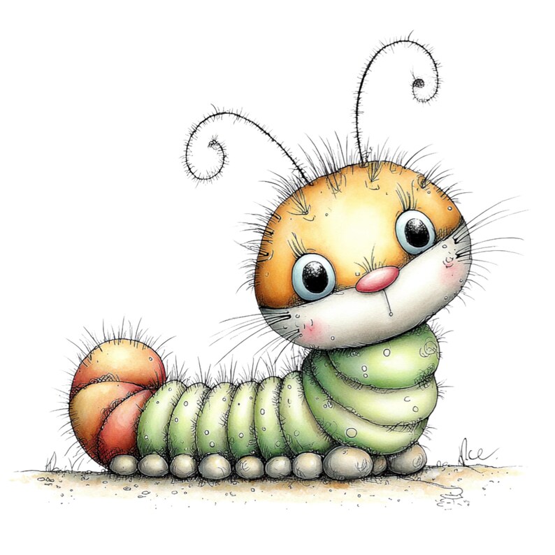 Spring Caterpillar Clipart Bundle | Cute Insect Watercolor PNG | Whimsical Bookworm Graphics for Junk Journal | Transparent Background image 11