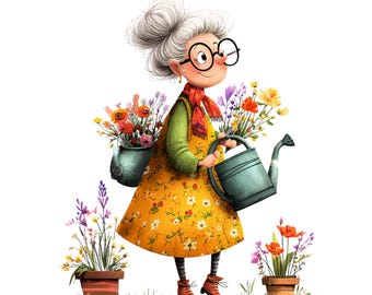 77 Watercolor Grandma PNGs, Cute Senior Gardening Art