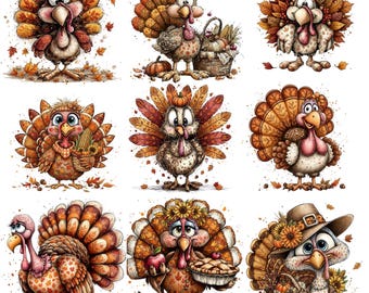 Whimsical Turkey Clipart Set | Fall Festival Graphics | Cute Thanksgiving PNG | 300 DPI High Resolution | Instant Download