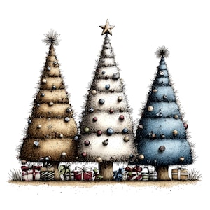 May include: Three stylized Christmas trees in tan, white, and blue, each decorated with small round ornaments. The center tree is topped with a gold star. Beneath the trees are several wrapped gift boxes with ribbons, set against a white background.