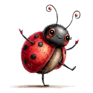 May include: A whimsical illustration of a ladybug with a red shell dotted with black spots. The ladybug has a black head, large eyes, and is depicted with a cheerful expression and outstretched arms, as if dancing. The image is set against a white background.