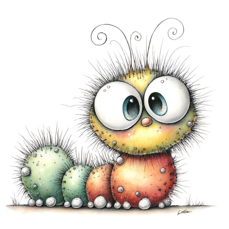 May include: A whimsical illustration of a cartoon caterpillar with large, expressive eyes and a fuzzy body. The caterpillar is depicted in shades of yellow, orange, and green, with spiky hairs and a cute, friendly expression. The artwork has a playful and endearing style.