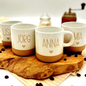 Personalisierte Tasse, personalisierter Kaffeebecher, personalisierte Tasse mit Namen, kleine Geschenke bis 20 Euro, Familientassen, Mit den Namen Anna, Jörg, Lisa und Mia mit jewiels einem Herz drunter.