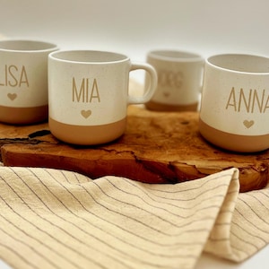 Personalisierte Tasse, personalisierter Kaffeebecher, personalisierte Tasse mit Namen, kleine Geschenke bis 20 Euro, Familientassen, mit dem Namen Anna, Jörg, Mia und Lisa und einem Herz drunter.