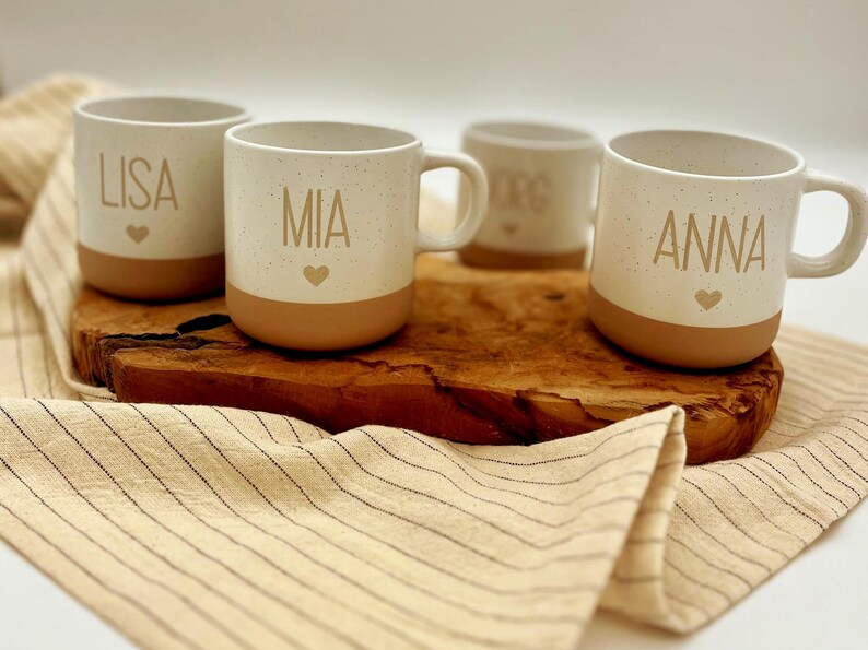 Personalisierte Tasse, personalisierter Kaffeebecher, personalisierte Tasse mit Namen, kleine Geschenke bis 20 Euro, Familientassen, mit dem Namen Anna, Jörg, Mia und Lisa und einem Herz drunter.