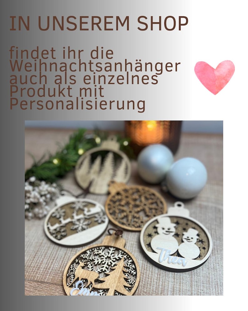 May include: Wooden Christmas ornaments with various designs, including snowflakes, trees, and snowmen. The ornaments are laser-cut and have a natural wood finish. The image also includes text in German: "IN UNSEREM SHOP".