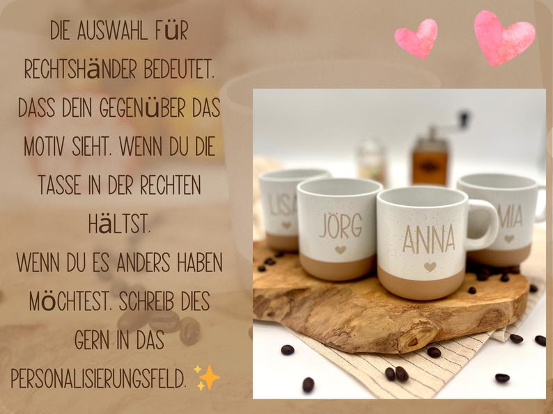 May include: Four personalized coffee mugs with names "Lisa", "Jorg", "Anna", and "Mia" are displayed on a wooden board. Each mug has a white speckled upper half and a tan base, with a small heart below the name. Coffee beans and a grinder are also visible.