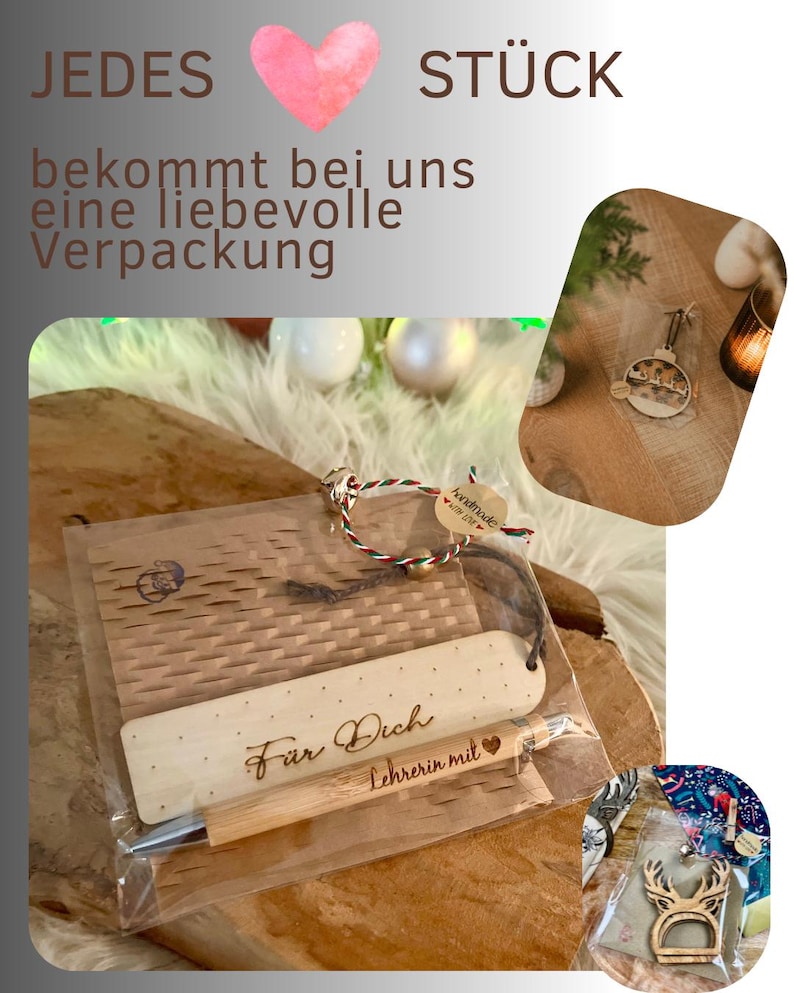 May include: A wooden bookmark and pen set with the words "F&uuml;r Dich Lehrerin mit" engraved on the bookmark. The set is packaged with a small wooden card and a decorative tag. The image also includes text that says "JEDES ST&Uuml;CK bekommt bei uns eine liebevolle Verpackung".