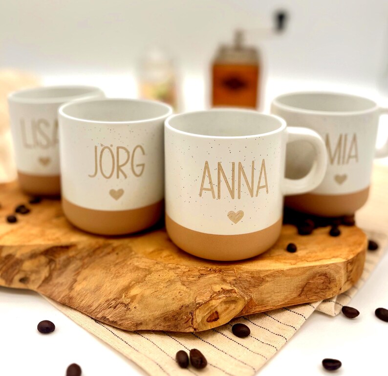 Personalisierte Tasse, personalisierter Kaffeebecher, personalisierte Tasse mit Namen, kleine Geschenke bis 20 Euro, Familientassen, mit dem Namen Anna und Jörg und einem Herz drunter.