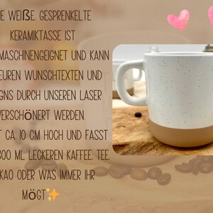 May include: A white speckled ceramic mug with a tan base. The mug is approximately 4 inches tall and holds about 10 fluid ounces. The text on the image says the mug is dishwasher safe and can be customized.