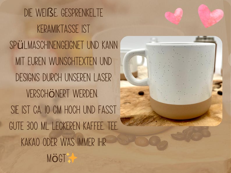 May include: A white speckled ceramic mug with a tan base. The mug is approximately 4 inches tall and holds about 10 fluid ounces. The text on the image says the mug is dishwasher safe and can be customized.