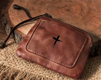 Custom Leather Rosary Pouch | Handcrafted Leather Sacramental Pouch | Catholic Prayer Accessory with Cross Engraving
