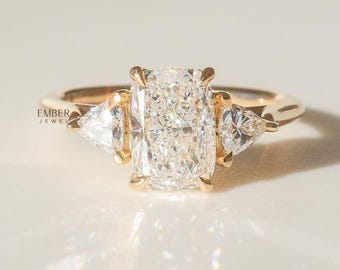 Three Stone Wedding Ring, 2.3 Ct Radiant Cut Moissanite Ring, Side Trilliant Cut Stone Proposal Ring, 14K White Gold Plated Ring, Gifts