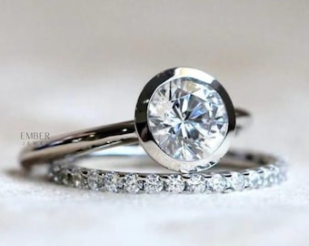 Silver Wedding Bridal Ring Set, Bridal Stacking Ring, 1.8 Ct Round Moissanite Bridal Ring with Matching Stack Ring, 14K White Gold Plated