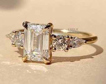 Magnifique bague de fiançailles de mariage, bague unique en moissanite taille émeraude de 1,87 carat, bijoux moissanite, bague plaquée or blanc 14 carats, cadeaux pour elle