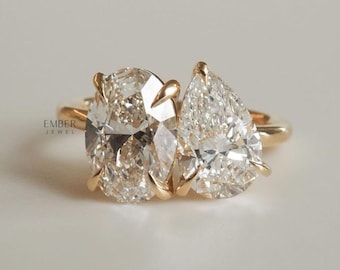 Two Stone Pear & Oval Cut 2.2 Ct Moissanite Ring, Delicate Toi Et Moi Ring, Bridesmaid Gift, 14K White Gold Plated Ring, Engagement ring