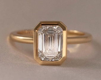 Solitaire Bezel Set Engagement Ring, 2.8 Ct Emerald Cut Moissanite Ring, Daily Wear Ring, 14K Gold Plated Promise Ring, Birthday Gift