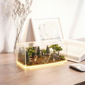Op de afbeelding: Een miniatuur bosdiorama in een heldere acryl doos, verlicht met een warme gloed. De scène bevat kleine bomen, een stenen pad en miniatuur herten en konijnen. Het diorama staat op een houten bureau met een boek en een computermuis.
