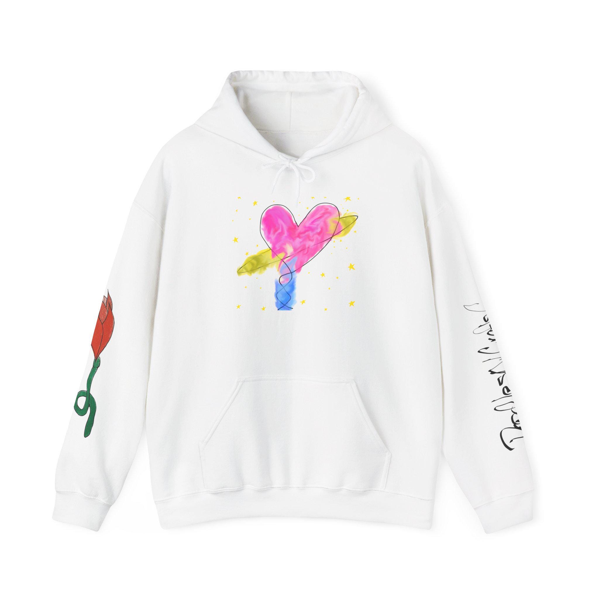カラフルなハートのパーカー、着心地の良いスウェットシャツ、芸術的な