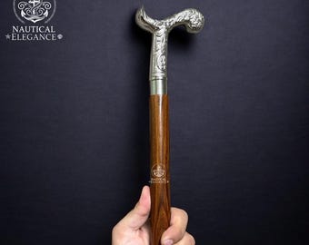 Viktorianischer Derby Griff aus massivem Messing mit graviertem silbernem Messinggriff | Gehstock aus Holz | Handgefertigte Sammler Cane | Nautische Geschenkcane