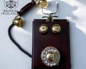 Victorian Brass Rotary Phone | Nautical Wood Desk Telephone