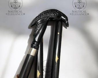 Rare Victorian Raven Walking Stick Cane ~ Handcrafted Aluminum Black Steampunk Handle Vintage Gothic Style Collectible Gift