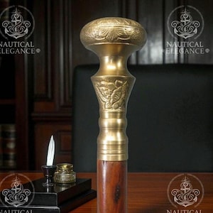 Antique Wooden Walking Cane | Brass Floral Knob, 36 Inch