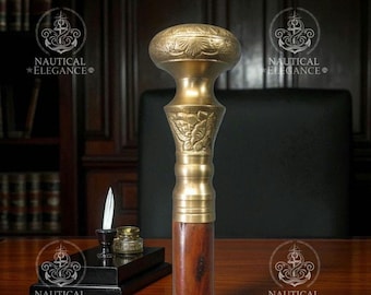 Antique Wooden Walking Cane | Brass Floral Knob, 36 Inch