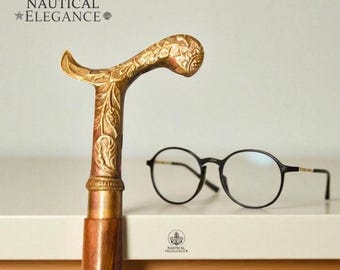 Elegant Vintage Handcrafted Wooden Walking Cane with Brass Floral Handle Carved Foldable  Style Decorative Stick Nautical Gift & Home Decor