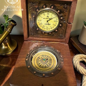 Nautical Clock & working Compass Box, Wooden personalised Maritime Desk Decor, Ship Clock Display, Coastal Home Office Decor, Seafaring Gift
