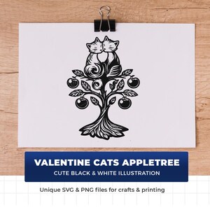 Árbol decorativo con gatos enamorados, ilustración del Día de San Valentín, dos felinos románticos, grabado en madera de manzano, diseño láser, imágenes prediseñadas de boda, regalo de aniversario