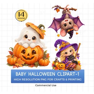 Pode incluir: Uma coleção digital de ilustrações de Halloween com um fantasma branco dentro de uma abóbora laranja, um morcego num galho e uma criança com um chapéu de bruxa roxo segurando um gato preto. Texto BABY HALLOWEEN CLIPART-1.