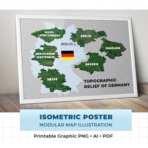 Germany Isometric Terrain Map – Printable Wall Art, Vector & PNG Files, Digital Download