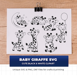 May include: A black and white illustration of baby giraffes in various poses, including sleeping, standing, and holding a balloon. The image includes the text "BABY GIRAFFE SVG" and "CUTE BLACK & WHITE CLIPART".