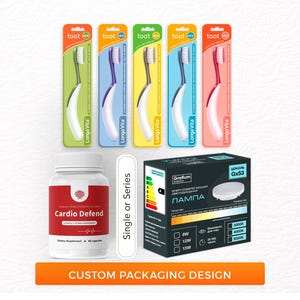 May include: An assortment of packaged toothbrushes in green, purple, yellow, and pink, alongside a bottle of Cardio Defend dietary supplement and a black box labeled "Gx53". The image also includes the text "Custom Packaging Design".