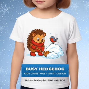 Diseño de camiseta infantil de erizo ocupado, lindo animal del bosque, estilo guardería, arte de animales de invierno, ilustración navideña, festivo, imprimible PNG AI
