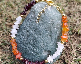 Passion Flow Crystal Bracelet, Carnelian, Rainbow Moonstone and Garnet, Handmade Natural Stone Chip Bracelet with Adjustable Chain